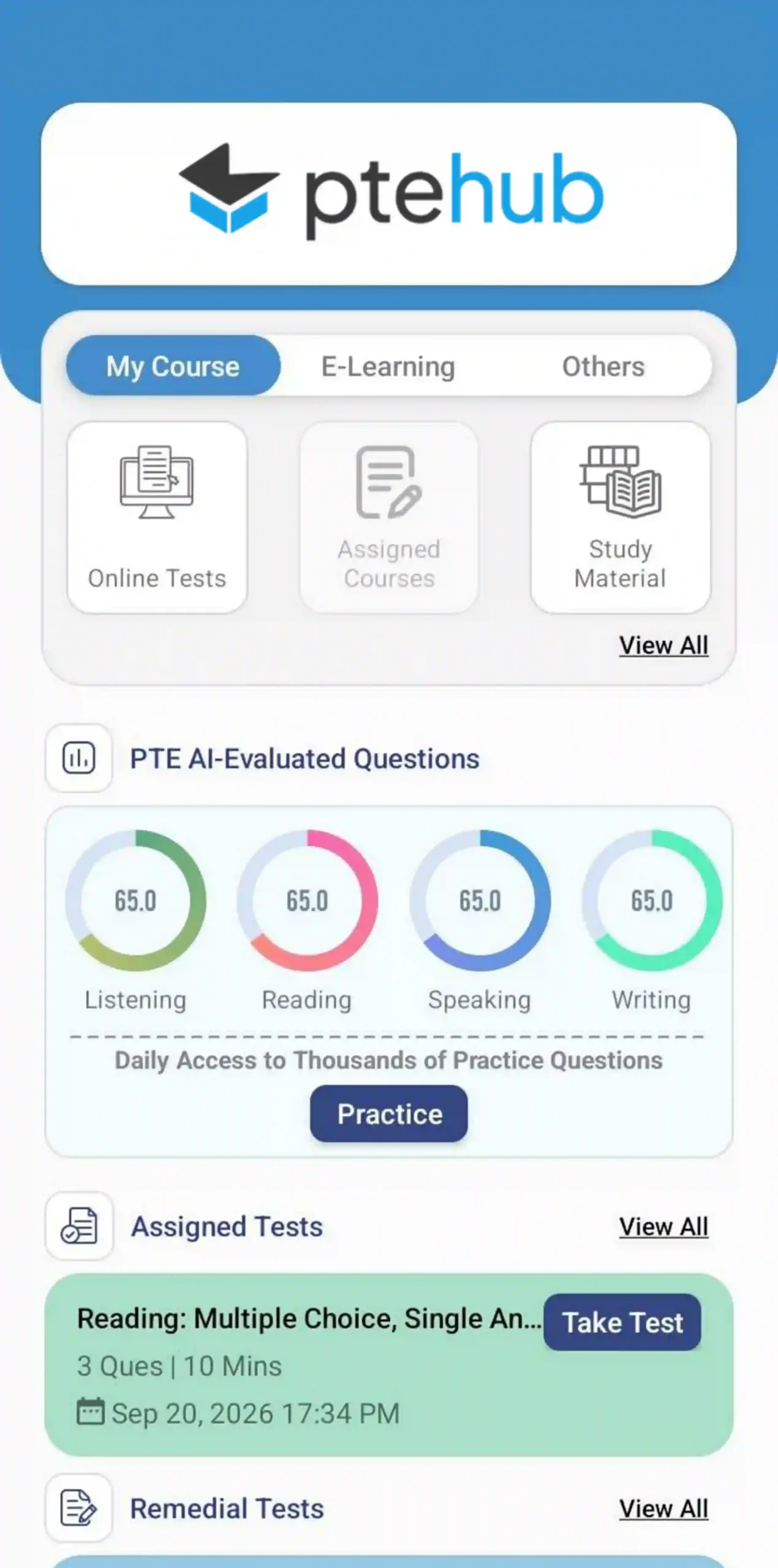 PTEHUB student dashboard screen
