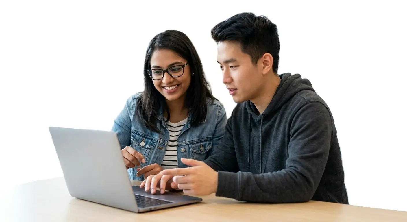 Two PTE students preparing together on a laptop